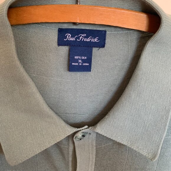 Paul Fredrick XL Button Up Knit Shirt Blue 100% Silk Short Sleeve Windowpane - Picture 2 of 5